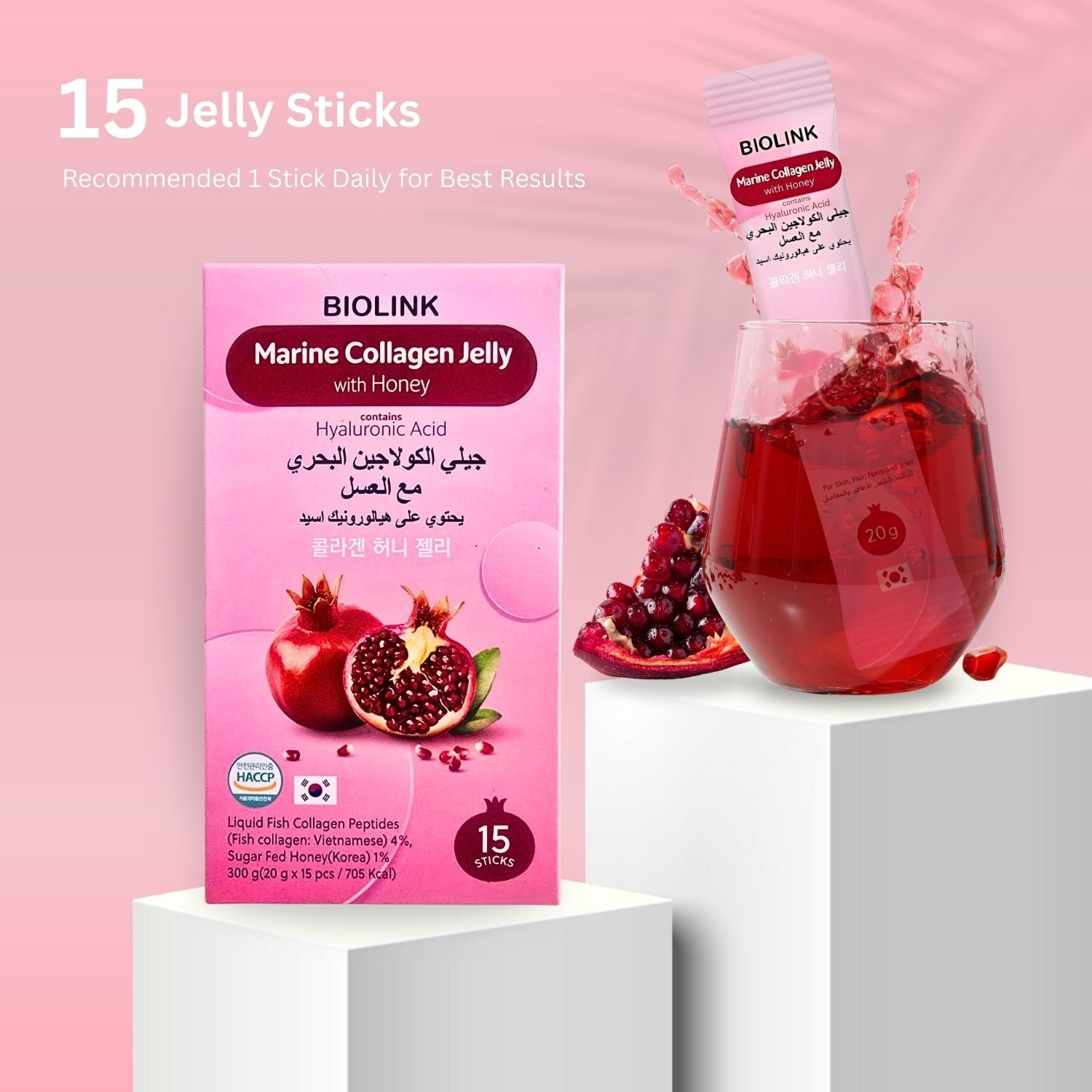 Biolink Korean Marine Collagen Jelly Sticks with Hyaluronic Acid & Honey – Skin, Hair & Nail Support – Beauty & Vitality with Pomegranate – 20g x 15 Sachets