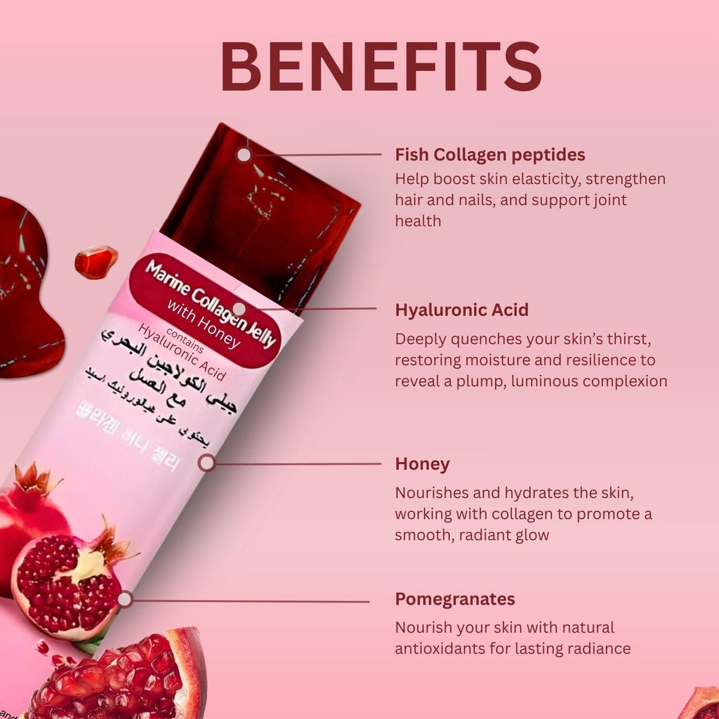 Biolink Korean Marine Collagen Jelly Sticks with Hyaluronic Acid & Honey – Skin, Hair & Nail Support – Beauty & Vitality with Pomegranate – 20g x 15 Sachets