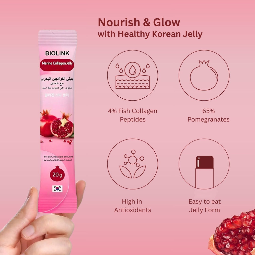 Biolink Korean Marine Collagen Jelly Sticks with Hyaluronic Acid & Honey – Skin, Hair & Nail Support – Beauty & Vitality with Pomegranate – 20g x 15 Sachets