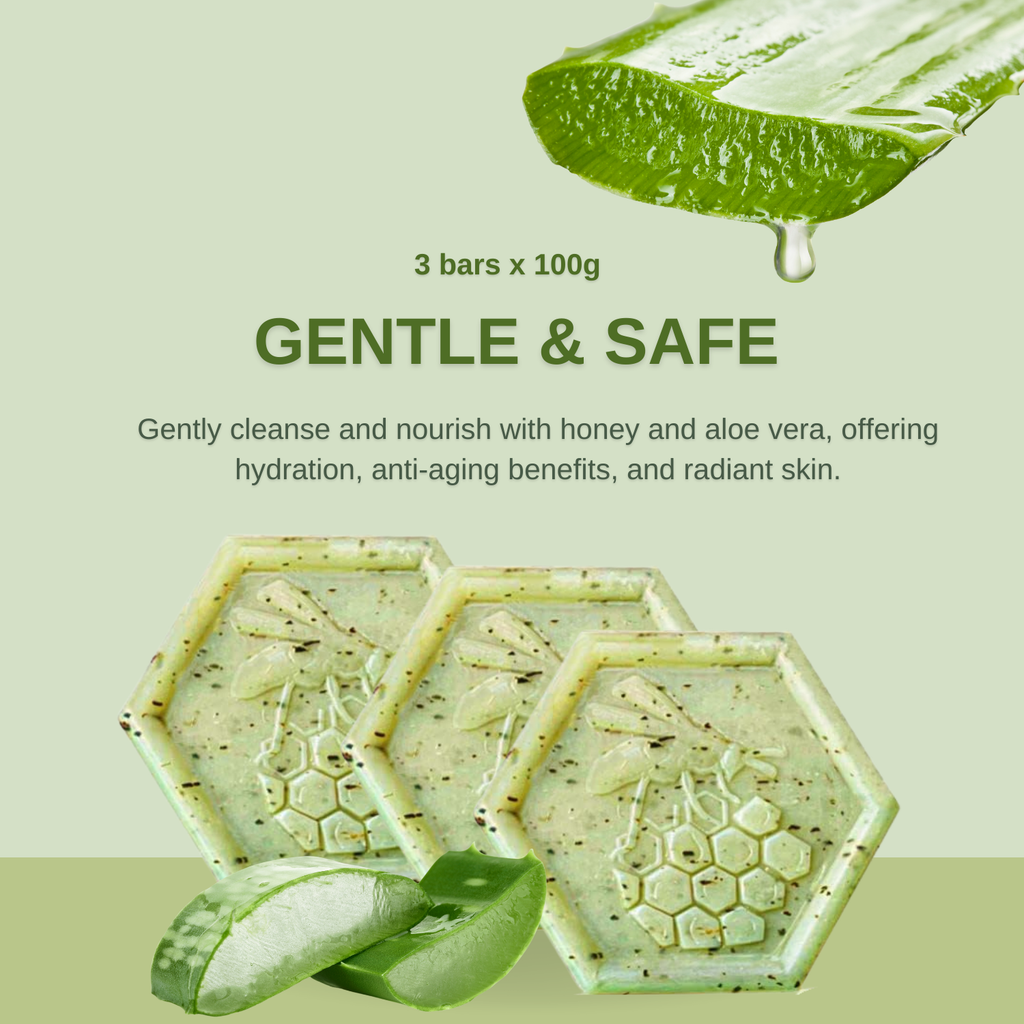 Organic Honey & Aloe Vera Soap – Moisturizing & Rejuvenating for Dry, Acne-Prone & Sensitive Skin – 3x100g