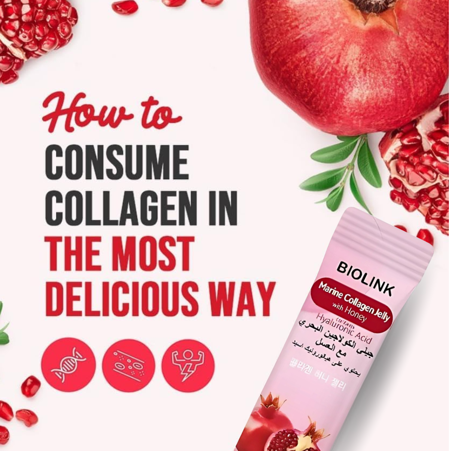 Biolink Korean Marine Collagen Jelly Sticks with Hyaluronic Acid & Honey – Skin, Hair & Nail Support – Beauty & Vitality with Pomegranate – 20g x 15 Sachets