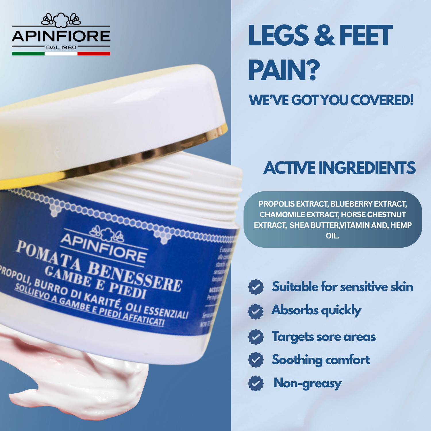 Pain Relief Cream for Legs, Feet & Joints – Fast-Absorbing with Organic Propolis, Shea Butter & Oils – 100ml