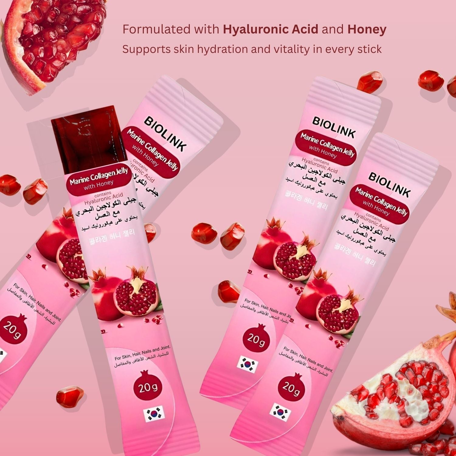 Biolink Korean Marine Collagen Jelly Sticks with Hyaluronic Acid & Honey – Skin, Hair & Nail Support – Beauty & Vitality with Pomegranate – 20g x 15 Sachets