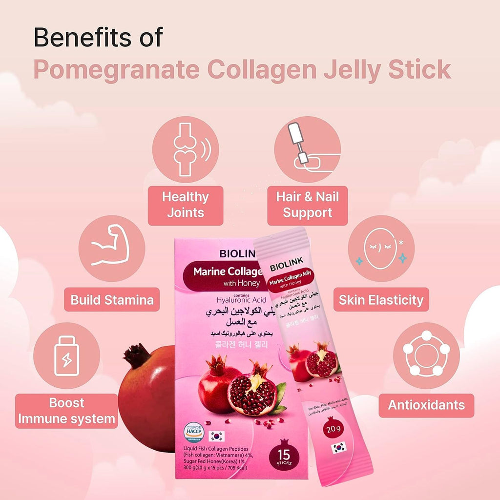 Biolink Korean Marine Collagen Jelly Sticks with Hyaluronic Acid & Honey – Skin, Hair & Nail Support – Beauty & Vitality with Pomegranate – 20g x 15 Sachets