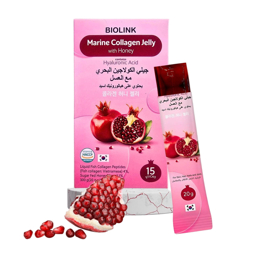 Biolink Korean Marine Collagen Jelly Sticks with Hyaluronic Acid & Honey – Skin, Hair & Nail Support – Beauty & Vitality with Pomegranate – 20g x 15 Sachets